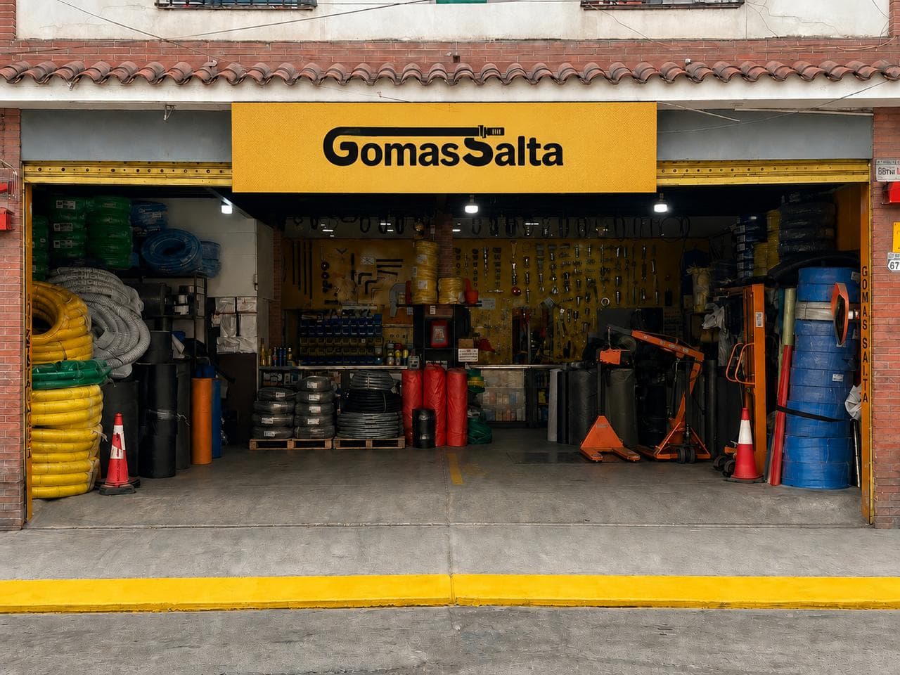 Fondo industrial con mangueras, acoples e insumos técnicos